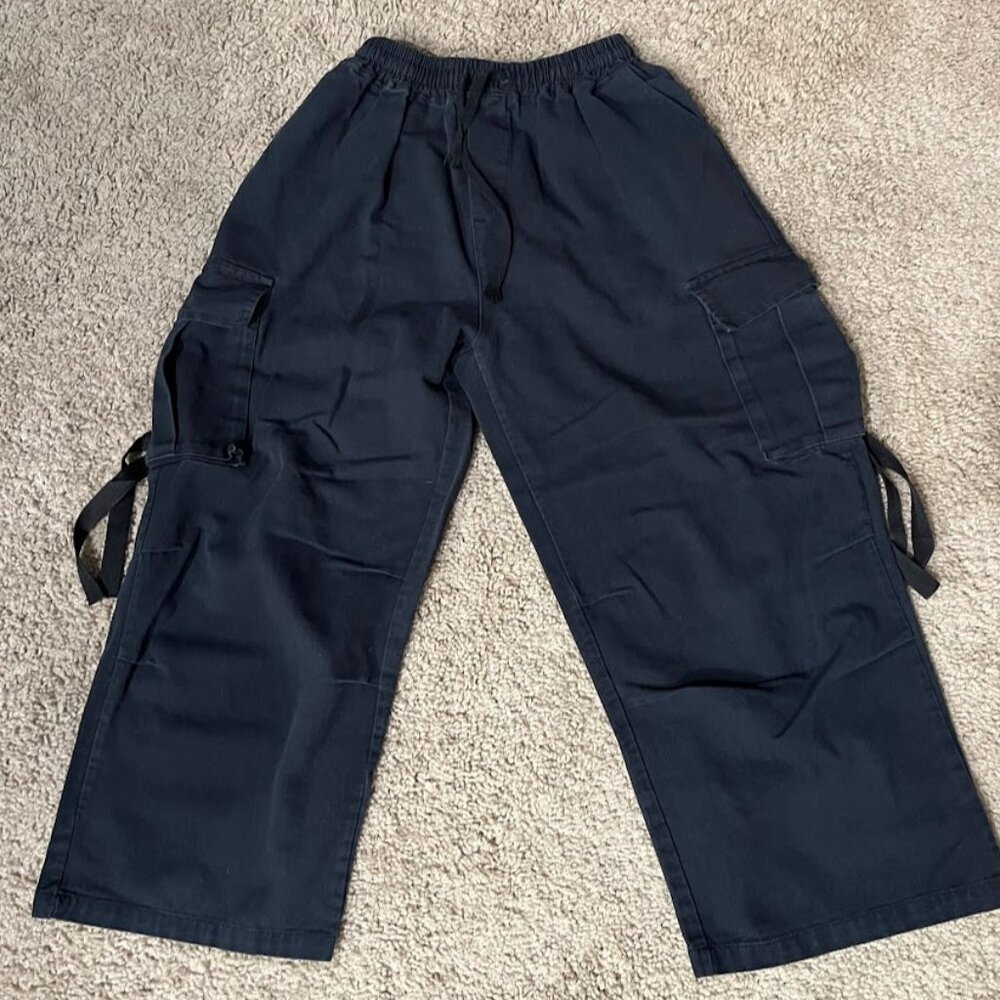 Baggy Wide Leg Cargo Pants Black Y2K Streetwear Elastic Drawstring Waist Unisex
